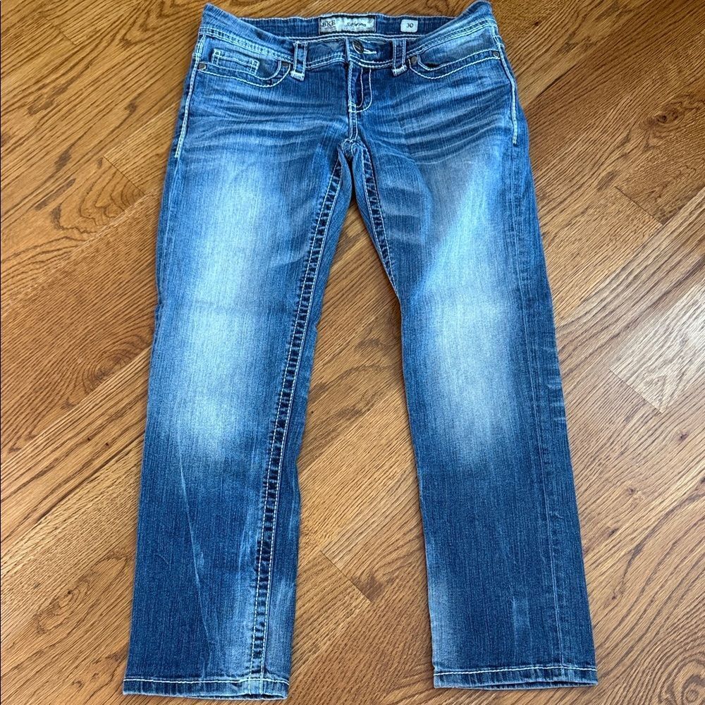 BKE Sabrina Bootcut Jeans Medium Wash Distressed Contrast Stitch Size 30